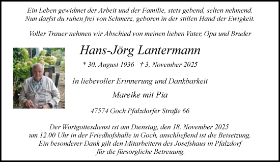 Traueranzeige von Hans-Jörg Lantermann von NNA