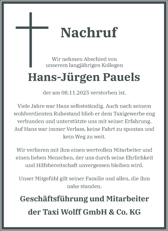 Traueranzeige von Hans-Jürgen Pauels von NNA
