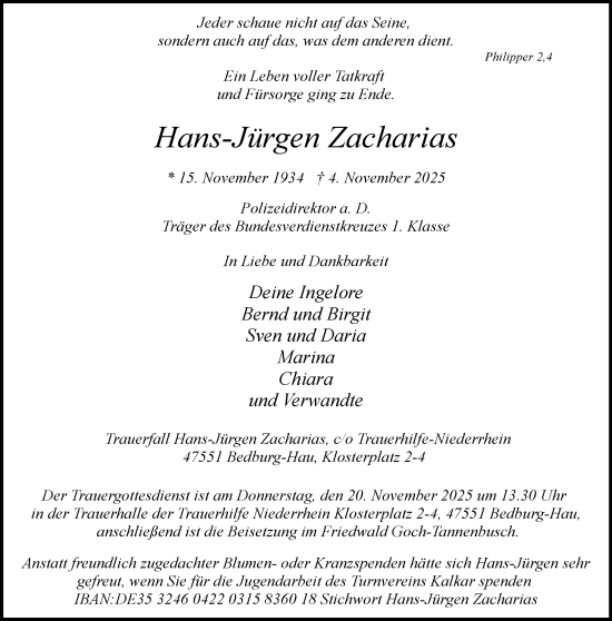 Traueranzeige von Hans-Jürgen Zacharias von NNA