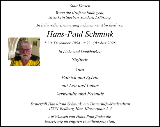 Traueranzeige von Hans-Paul Schmink von NNA