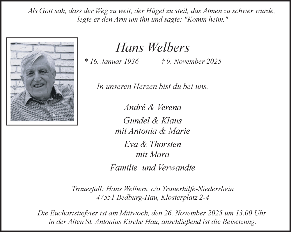  Traueranzeige für Hans Welbers vom 15.11.2025 aus NNA