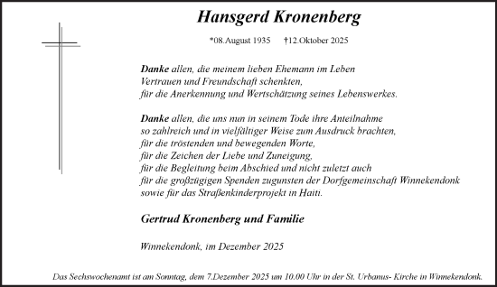 Traueranzeige von Hansgerd Kronenberg von NNA