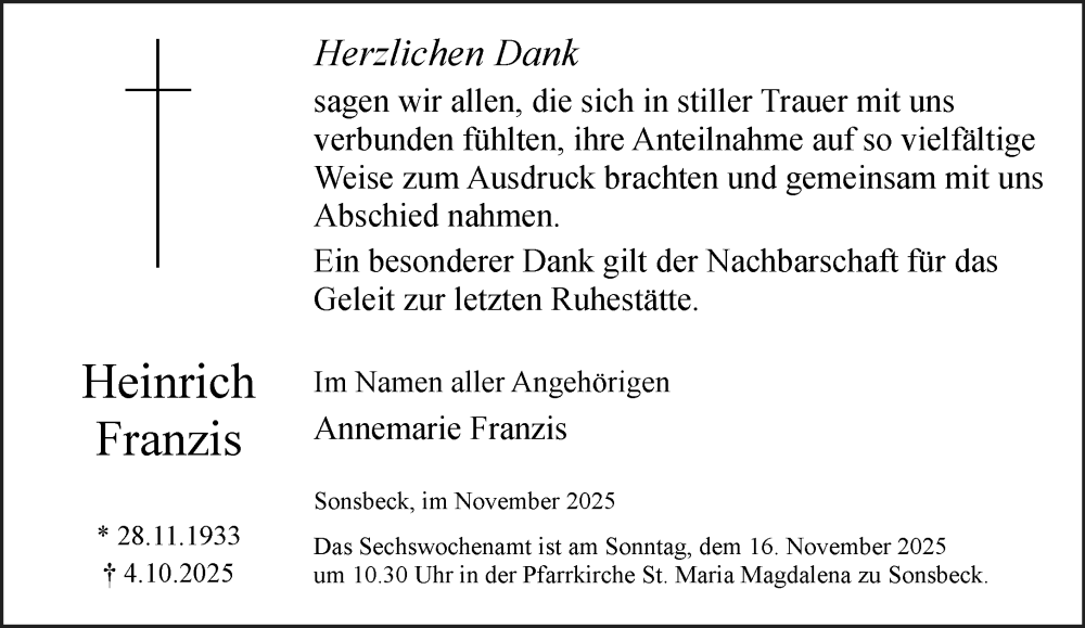  Traueranzeige für Heinrich Franzis vom 08.11.2025 aus NNA