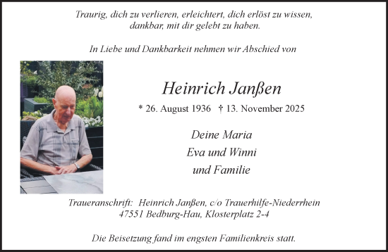 Traueranzeige von Heinrich Janßen von NNA
