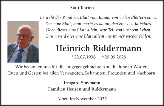Traueranzeige von Heinrich Riddermann von NNA