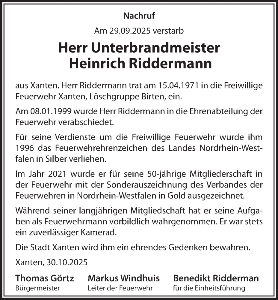  Traueranzeige für Heinrich Riddermann vom 08.11.2025 aus NNA
