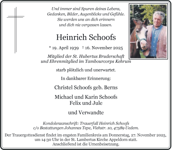 Traueranzeige von Heinrich Schoofs von NNA