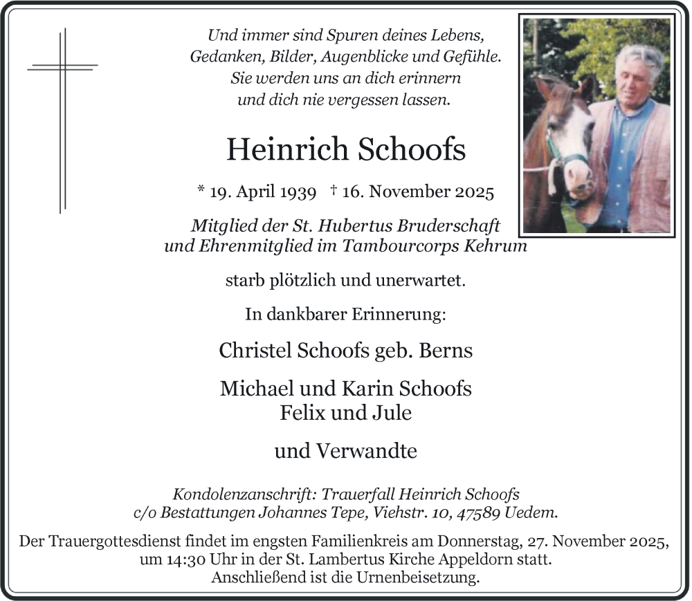  Traueranzeige für Heinrich Schoofs vom 22.11.2025 aus NNA