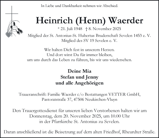 Traueranzeige von Heinrich Waerder von NNA