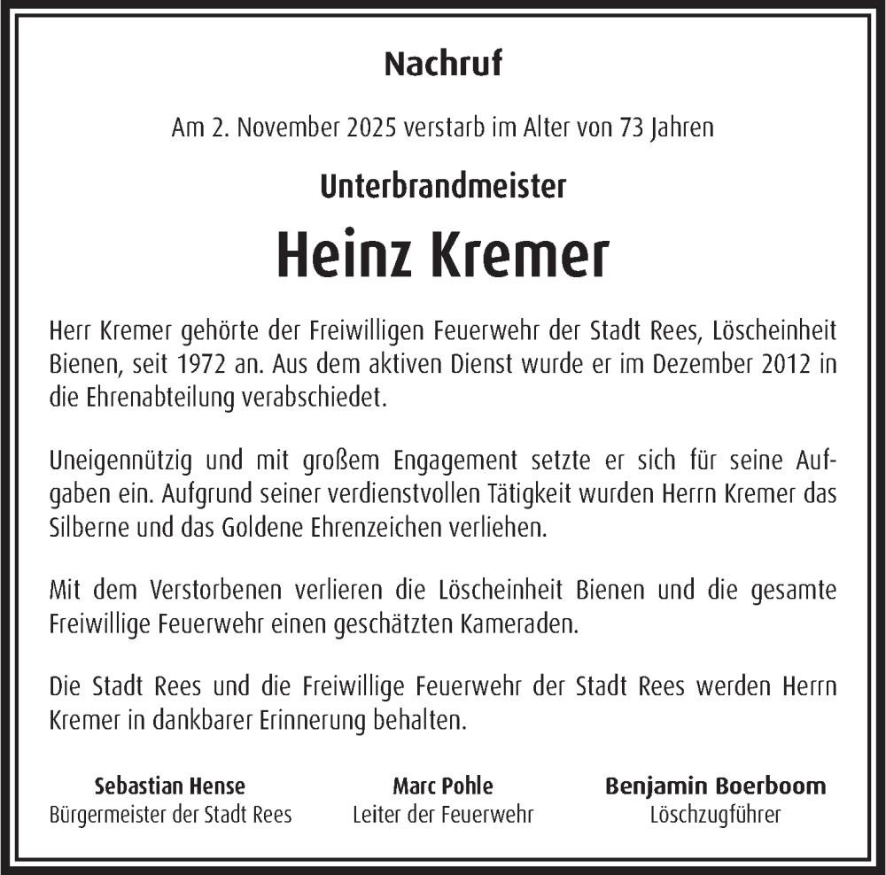  Traueranzeige für Heinz Kremer vom 15.11.2025 aus NNA