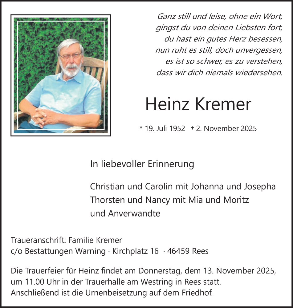  Traueranzeige für Heinz Kremer vom 08.11.2025 aus NNA