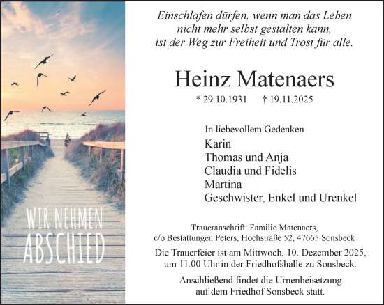 Traueranzeige von Heinz Matenaers von NNA