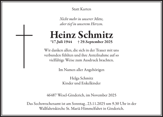 Traueranzeige von Heinz Schmitz von NNA
