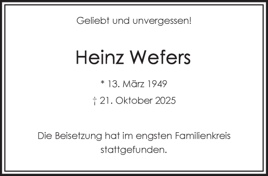 Traueranzeige von Heinz Wefers von NNA