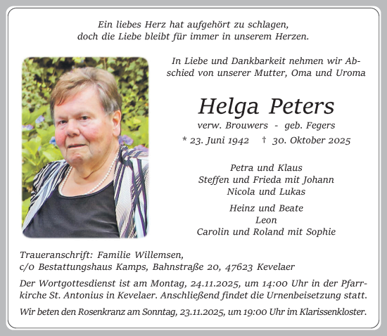 Traueranzeige von Helga Peters von NNA