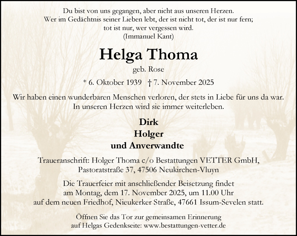  Traueranzeige für Helga Thoma vom 15.11.2025 aus NNA