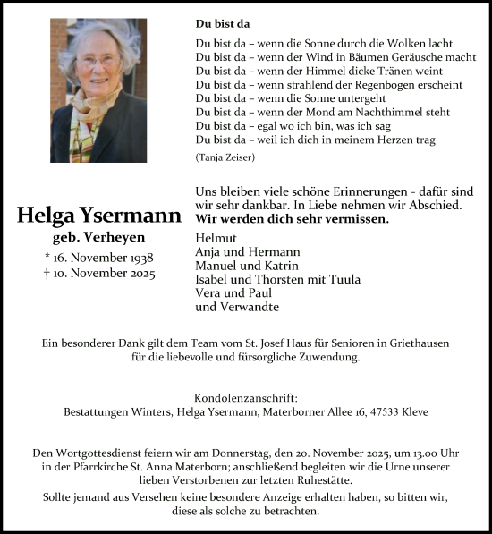 Traueranzeige von Helga Ysermann von NNA