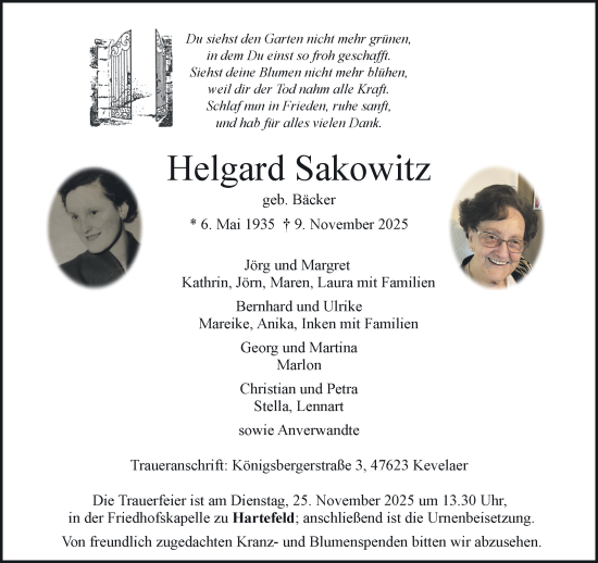 Traueranzeige von Helgard Sakowitz von NNA