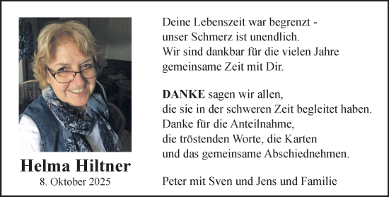 Traueranzeige von Helma Hiltner von NNA