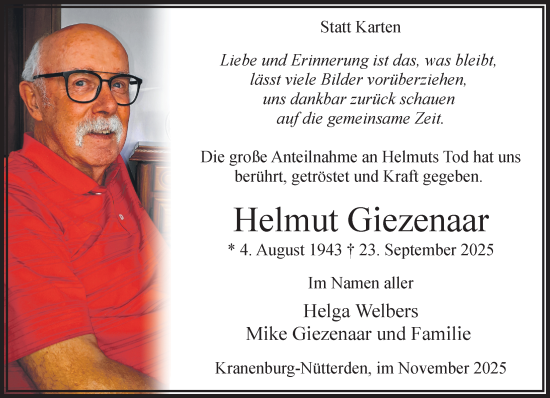 Traueranzeige von Helmut Giezenaar von NNA