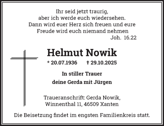 Traueranzeige von Helmut Nowik von NNA