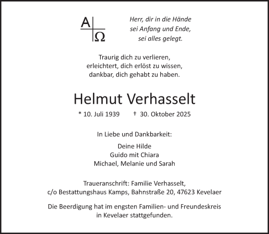Traueranzeige von Helmut Verhasselt von NNA