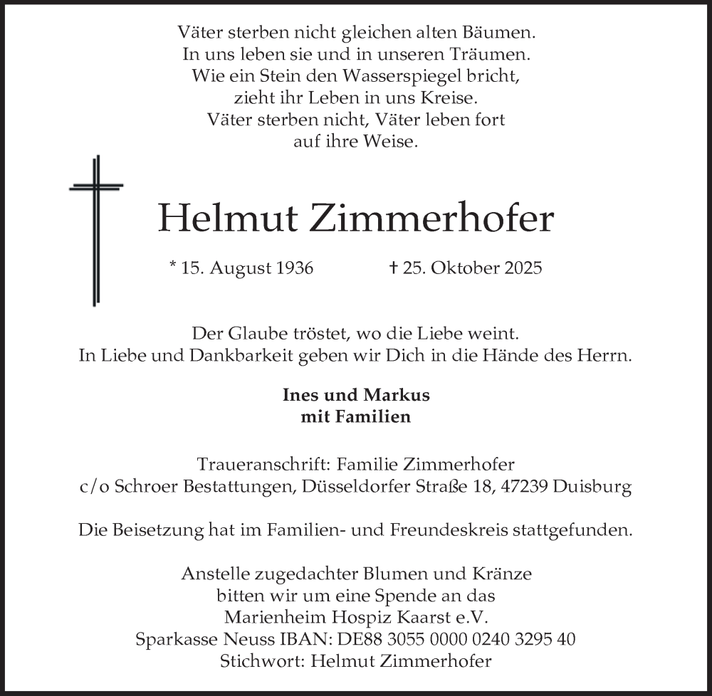  Traueranzeige für Helmut Zimmerhofer vom 15.11.2025 aus NNA