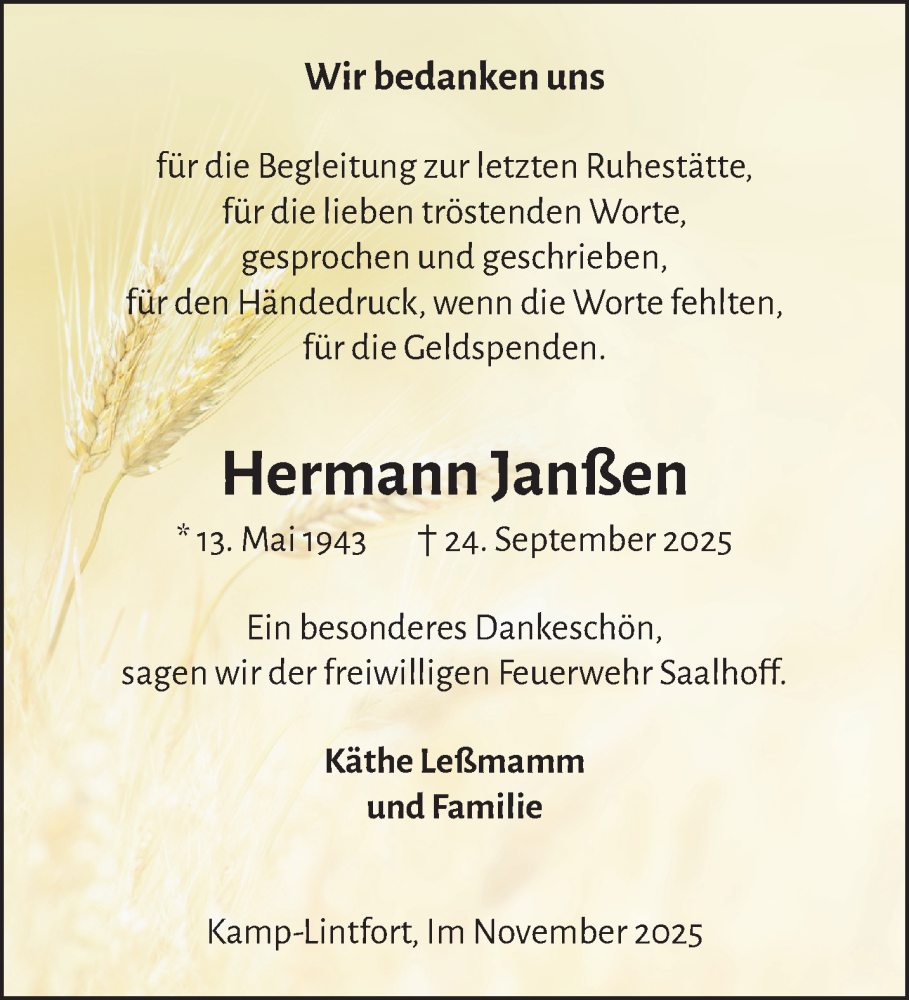  Traueranzeige für Hermann Janßen vom 22.11.2025 aus NNA
