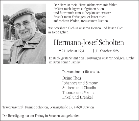 Traueranzeige von Hermann-Josef Scholten von NNA