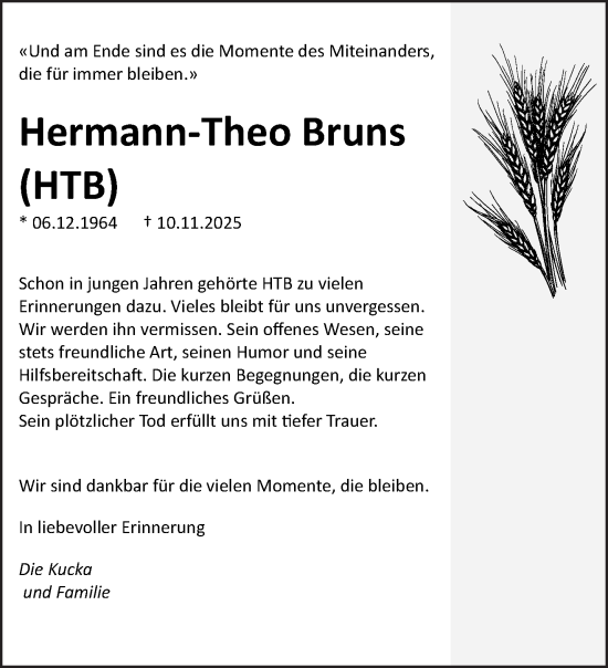 Traueranzeige von Hermann-Theo Bruns von NNA