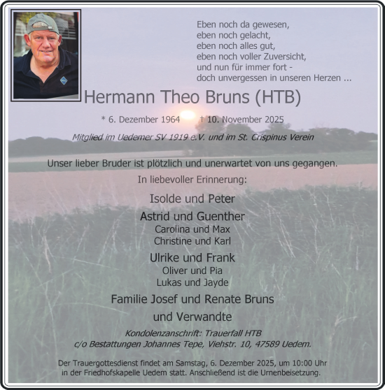 Traueranzeige von Hermann Theo Bruns von NNA