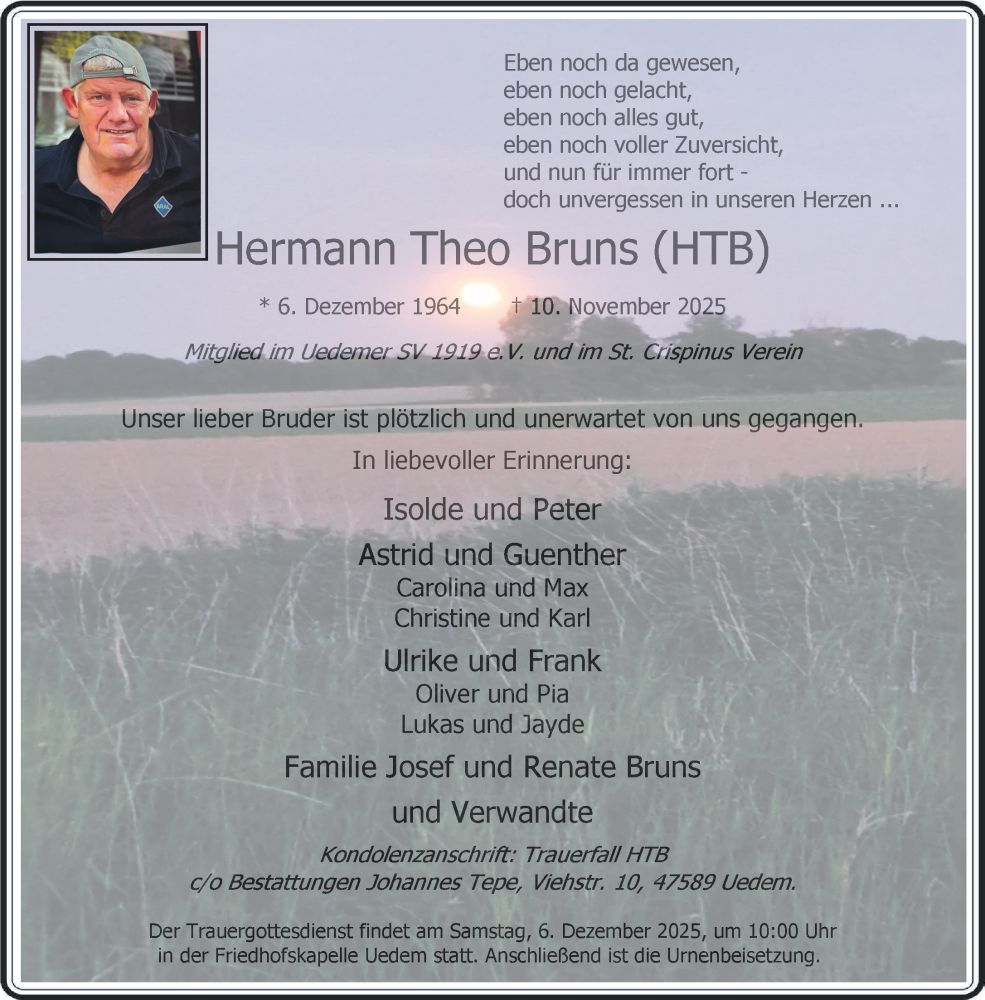  Traueranzeige für Hermann Theo Bruns vom 22.11.2025 aus NNA