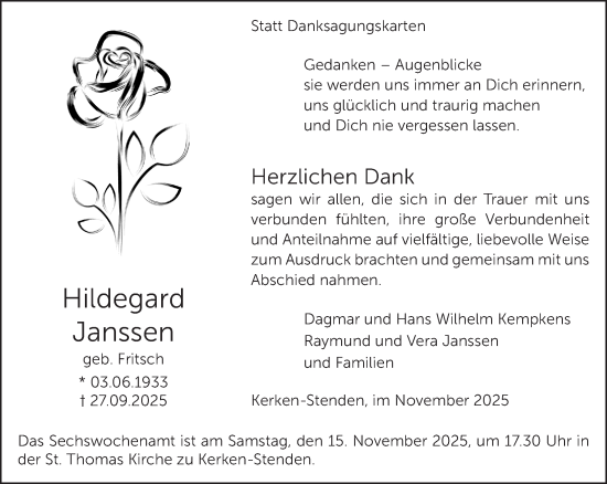 Traueranzeige von Hildegard Janssen von NNA