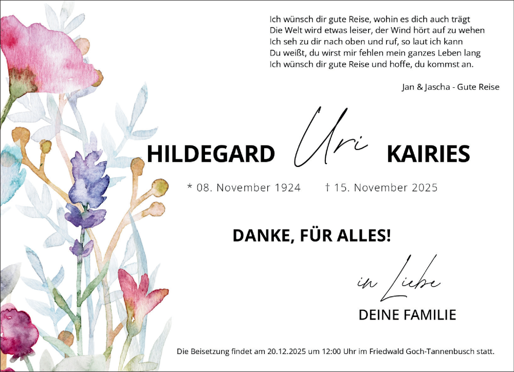  Traueranzeige für Hildegard Kairies vom 22.11.2025 aus NNA