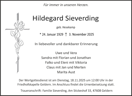 Traueranzeige von Hildegard Sieverding von NNA