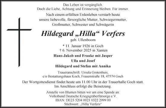 Traueranzeige von Hildegard Verfers von NNA
