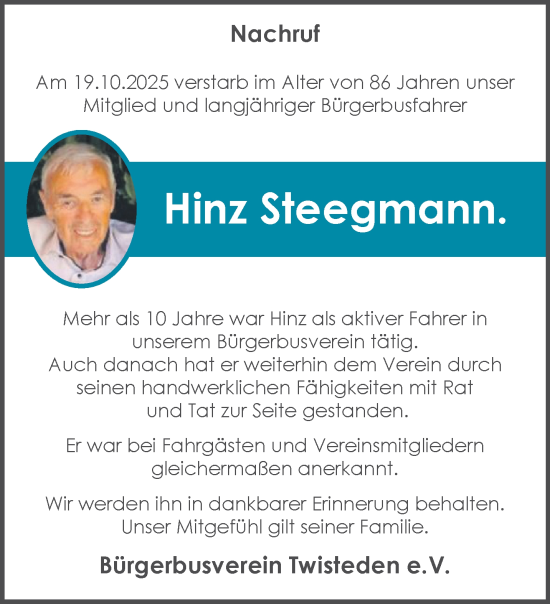 Traueranzeige von Hinz Steegmann von NNA
