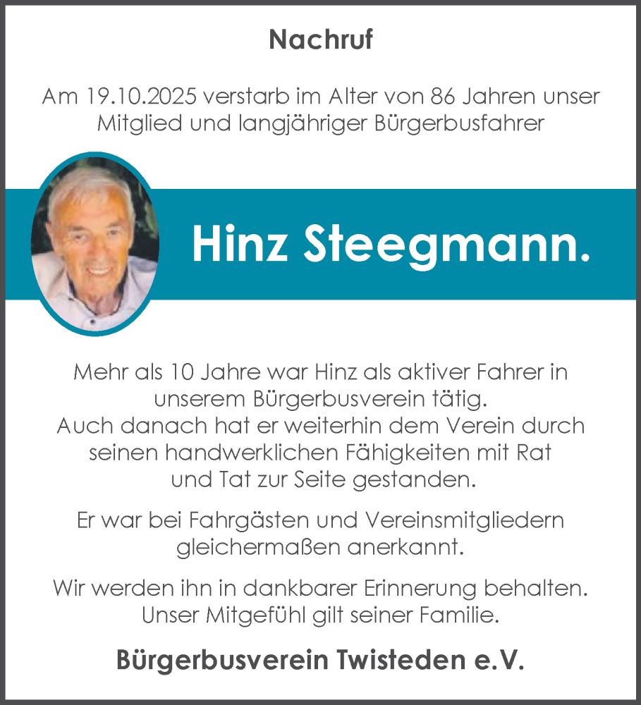  Traueranzeige für Hinz Steegmann vom 08.11.2025 aus NNA