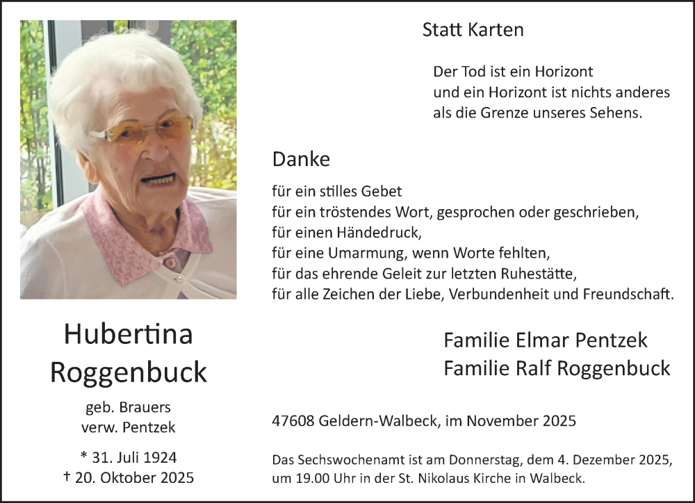  Traueranzeige für Hubertina Roggenbuck vom 29.11.2025 aus NNA