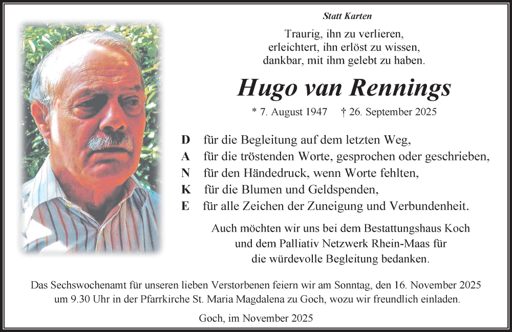  Traueranzeige für Hugo van Rennings vom 08.11.2025 aus NNA