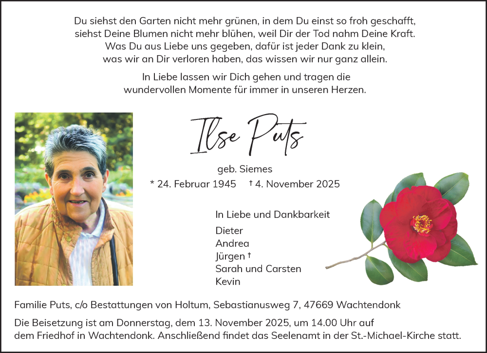  Traueranzeige für Ilse Puts vom 08.11.2025 aus NNA