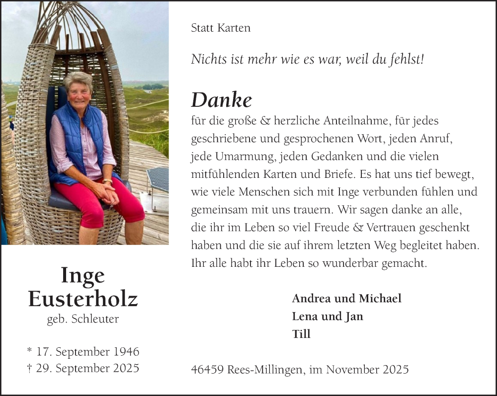  Traueranzeige für Inge Eusterholz vom 15.11.2025 aus NNA