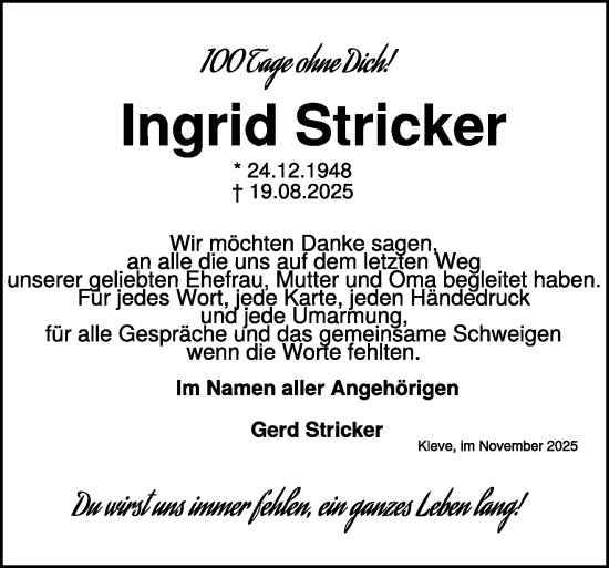 Traueranzeige von Ingrid Stricker von NNA