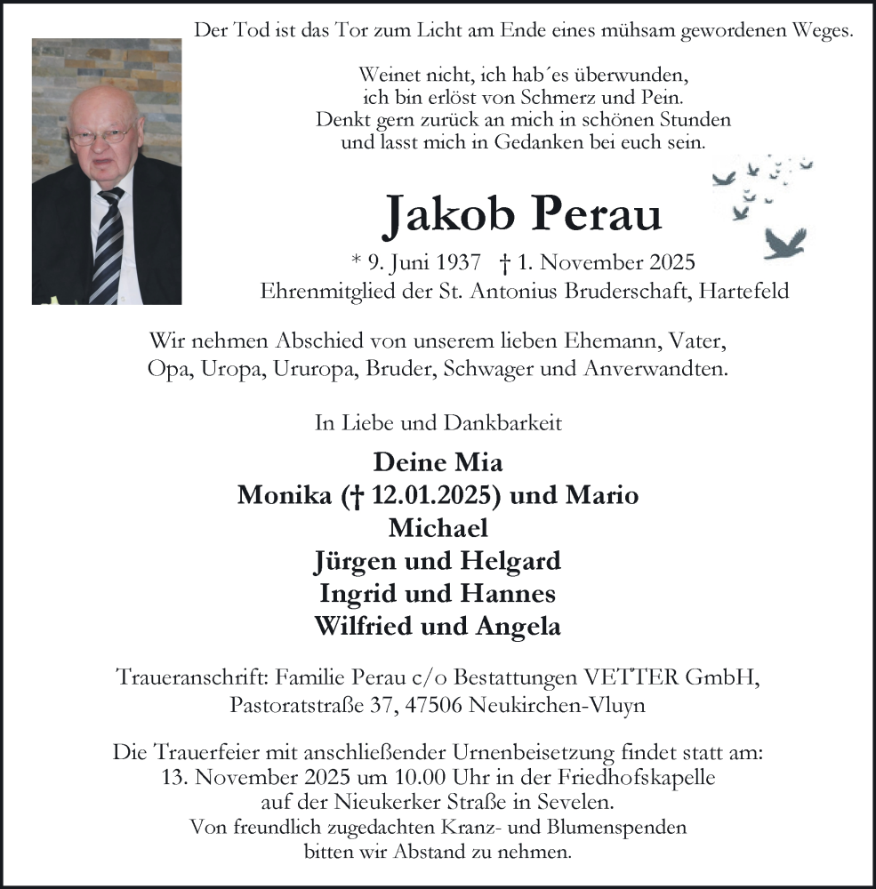  Traueranzeige für Jakob Perau vom 08.11.2025 aus NNA