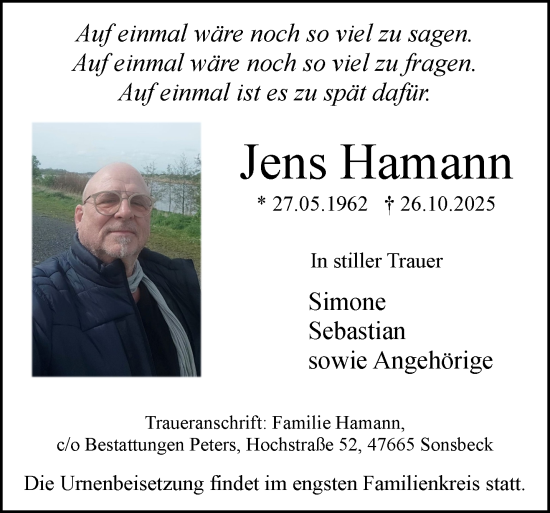 Traueranzeige von Jens Hamann von NNA