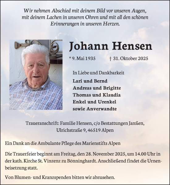 Traueranzeige von Johann Hensen von NNA