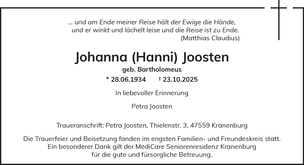  Traueranzeige für Johanna Joosten vom 15.11.2025 aus NNA