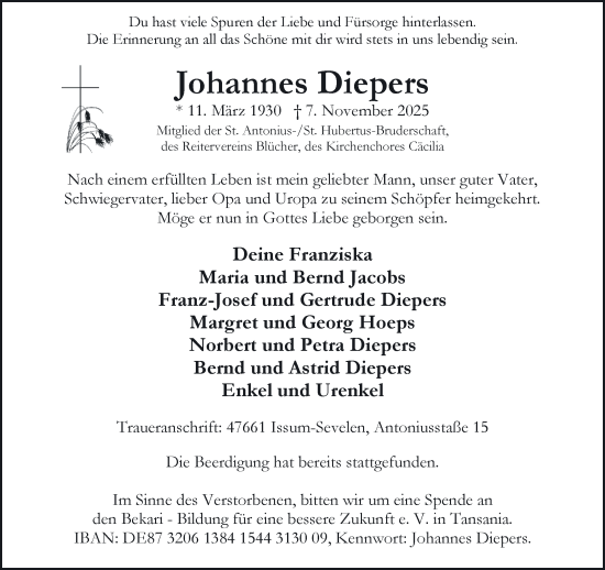 Traueranzeige von Johannes Diepers von NNA