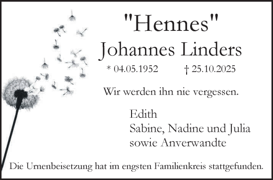 Traueranzeige von Johannes Linders von NNA