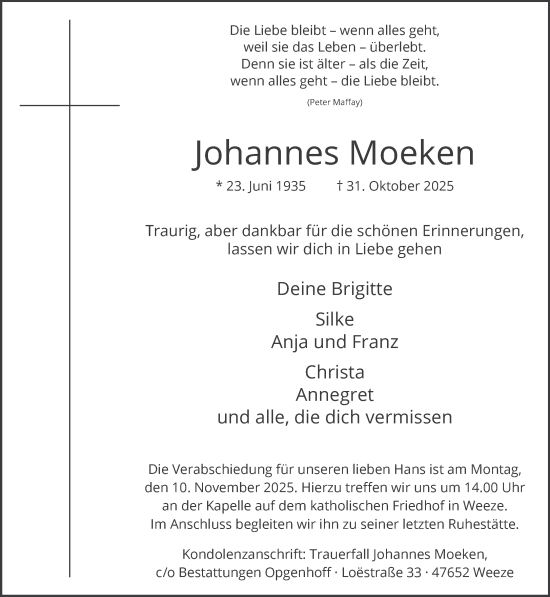 Traueranzeige von Johannes Moeken von NNA